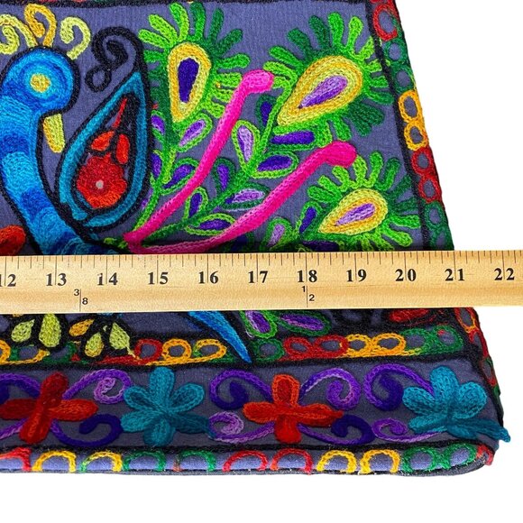 Vintage Large Black Boho Shoulder Bag w/ Embroidered Peacocks, Wooden Beads - Picture 8 of 9